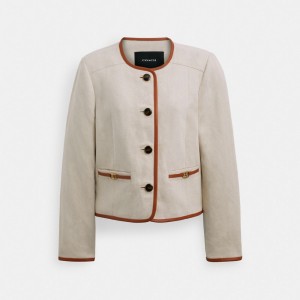Coach Heritage C Canvas Cardigan Jacket With Leather Trim Krema | COH865941